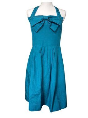 Retro-Inspired Teal Halter Bow Detail & Pleated Dress 6 Silk Blend By Hitherto